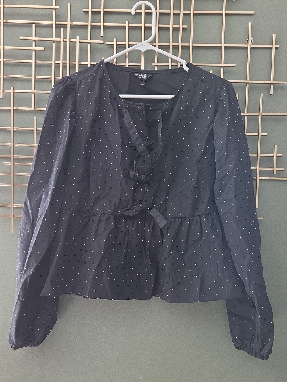 Women’s Polka Dot Ruffle Front Blouse - Black